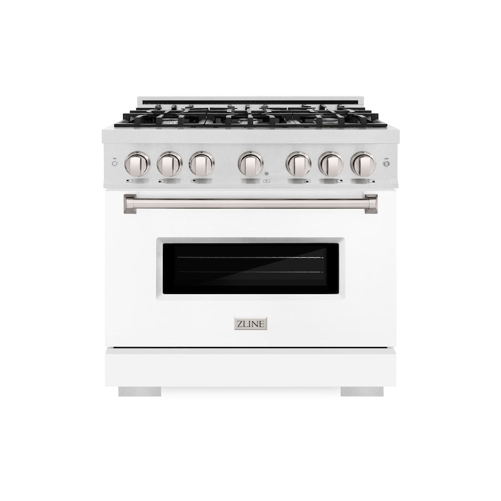 ZLINE 36 in. 5.2 cu. ft. Classic Gas Range with 6 Burner Cooktop and Convection Gas Oven in Satin Stainless Steel with White Matte Door (CGRS-WM-36) front.