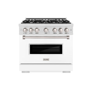 ZLINE 36 in. 5.2 cu. ft. Classic Gas Range with 6 Burner Cooktop and Convection Gas Oven in Satin Stainless Steel with White Matte Door (CGRS-WM-36) front.