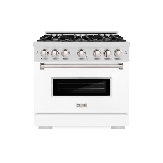 ZLINE 36 in. 5.2 cu. ft. Classic Gas Range with 6 Burner Cooktop and Convection Gas Oven in Satin Stainless Steel with White Matte Door (CGRS-WM-36) front.
