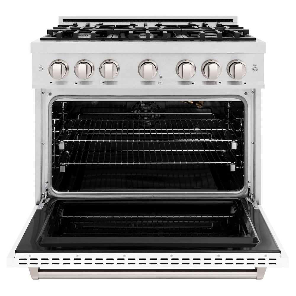 ZLINE 36 in. 5.2 cu. ft. Classic Gas Range with 6 Burner Cooktop and Convection Gas Oven in Satin Stainless Steel with White Matte Door (CGRS-WM-36) front, oven open.