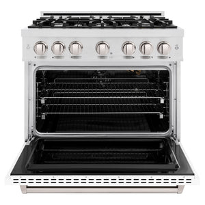 ZLINE 36 in. 5.2 cu. ft. Classic Gas Range with 6 Burner Cooktop and Convection Gas Oven in Satin Stainless Steel with White Matte Door (CGRS-WM-36) front, oven open.
