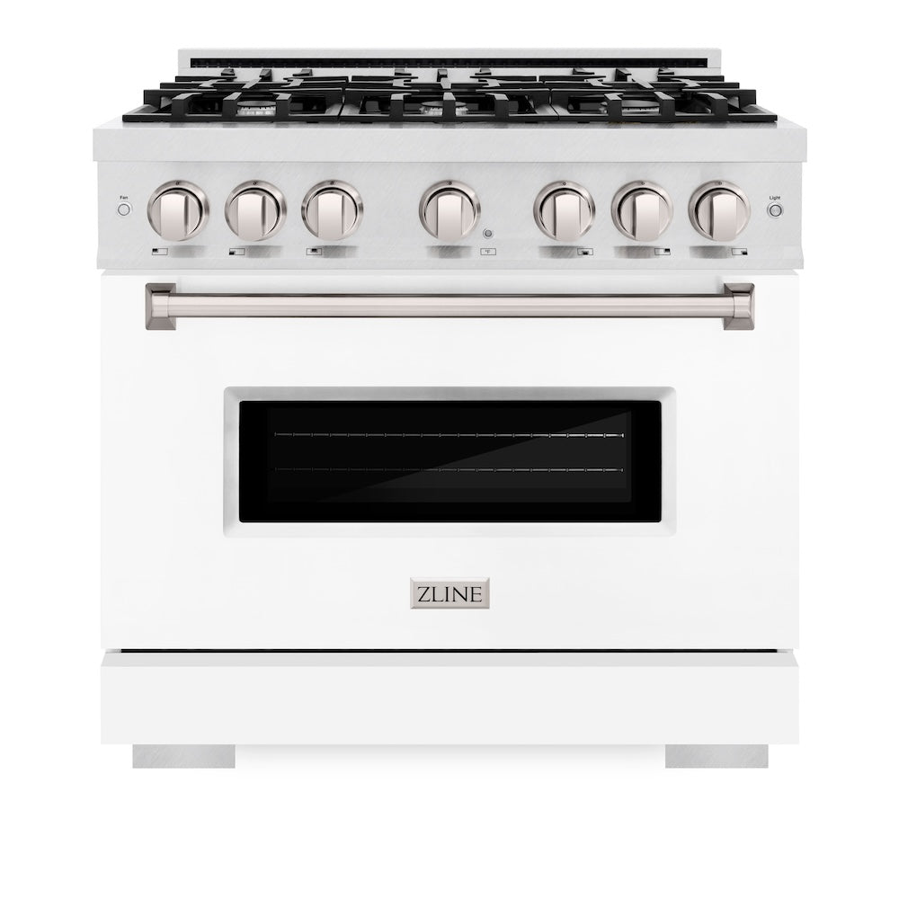 ZLINE 36 in. 5.2 cu. ft. Classic Gas Range with 6 Burner Cooktop and Convection Gas Oven in Satin Stainless Steel with White Matte Door (CGRS-WM-36) front, oven closed.