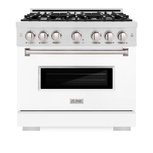 ZLINE 36 in. 5.2 cu. ft. Classic Gas Range with 6 Burner Cooktop and Convection Gas Oven in Satin Stainless Steel with White Matte Door (CGRS-WM-36) front, oven closed.