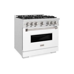 ZLINE 36 in. 5.2 cu. ft. Classic Gas Range with 6 Burner Cooktop and Convection Gas Oven in Satin Stainless Steel with White Matte Door (CGRS-WM-36) main image.
