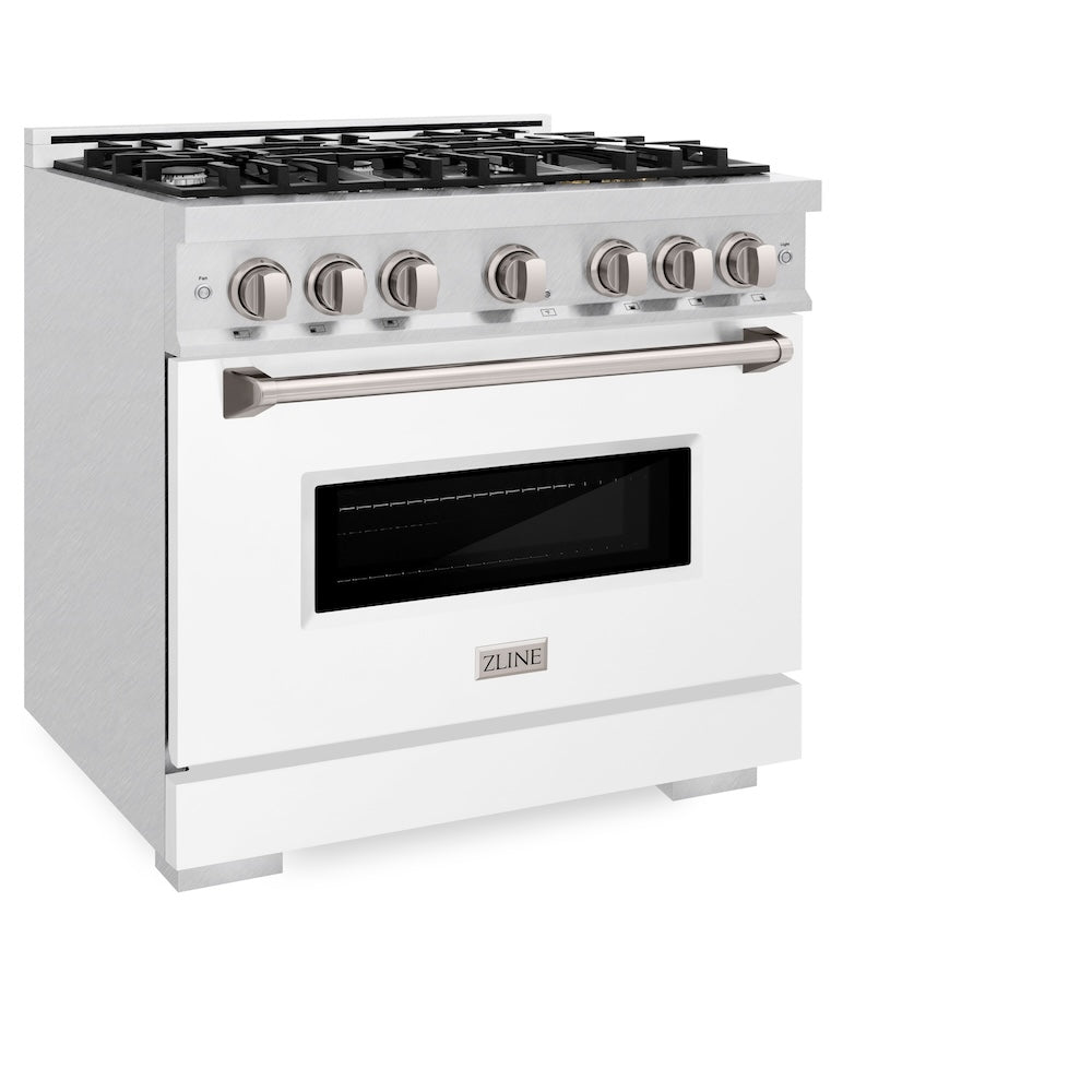 ZLINE 36 in. 5.2 cu. ft. Classic Gas Range with 6 Burner Cooktop and Convection Gas Oven in Satin Stainless Steel with White Matte Door (CGRS-WM-36) side, oven closed.