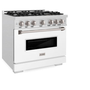 ZLINE 36 in. 5.2 cu. ft. Classic Gas Range with 6 Burner Cooktop and Convection Gas Oven in Satin Stainless Steel with White Matte Door (CGRS-WM-36) side, oven closed.