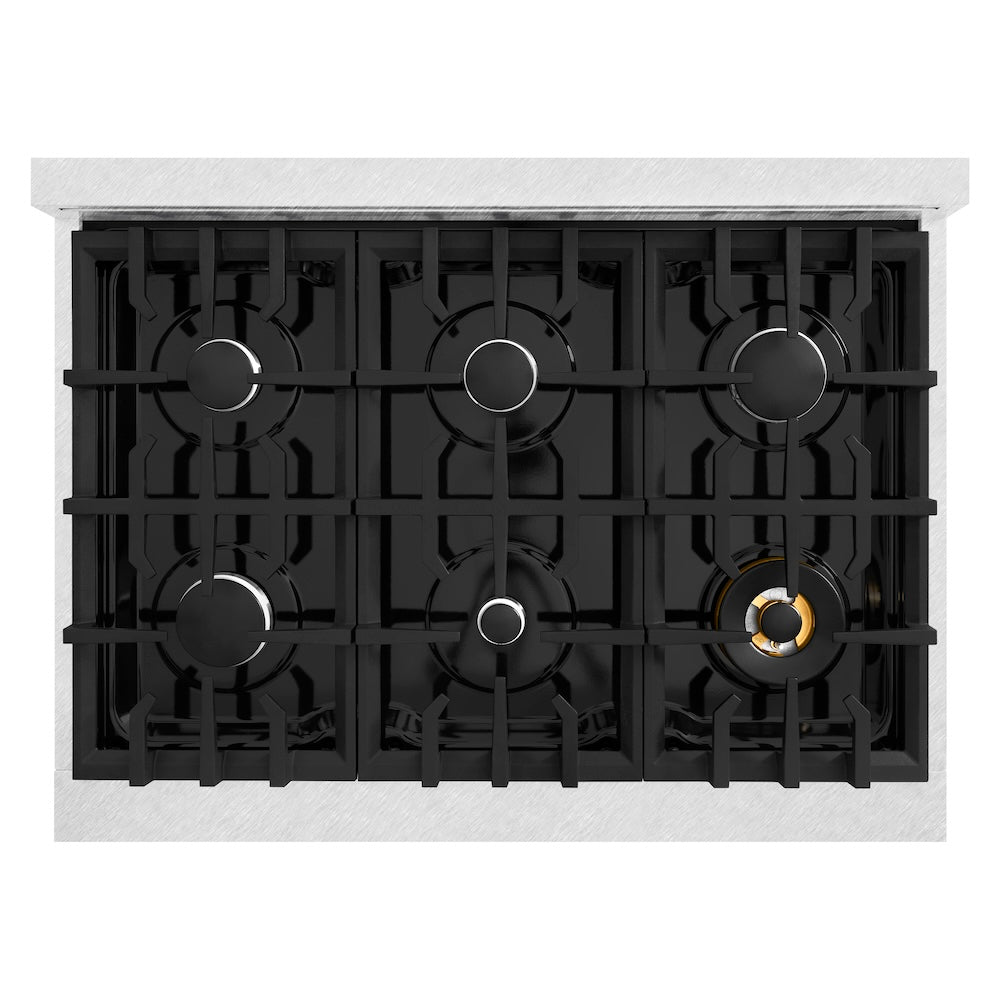 ZLINE 36 in. 5.2 cu. ft. Classic Gas Range with 6 Burner Cooktop and Convection Gas Oven in Satin Stainless Steel with White Matte Door (CGRS-WM-36) top-down, above cooktop.