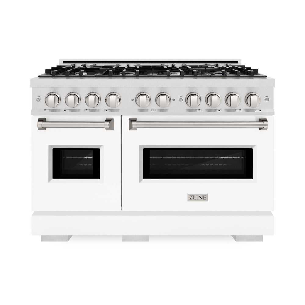 ZLINE 48 in. 6.7 cu. ft. Classic Double Oven Gas Range with 8 Burner Cooktop in Satin Stainless Steel with White Matte Doors (CGRS-WM-48) front.