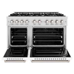 ZLINE 48 in. 6.7 cu. ft. Classic Double Oven Gas Range with 8 Burner Cooktop in Satin Stainless Steel with White Matte Doors (CGRS-WM-48) front, oven open.