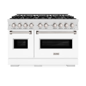 ZLINE 48 in. 6.7 cu. ft. Classic Double Oven Gas Range with 8 Burner Cooktop in Satin Stainless Steel with White Matte Doors (CGRS-WM-48) front, oven closed.