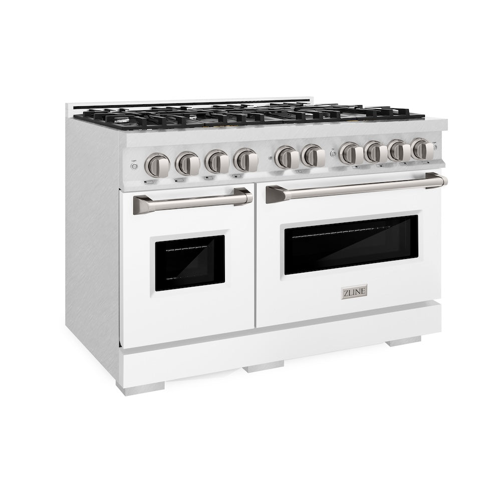 ZLINE 48 in. 6.7 cu. ft. Classic Double Oven Gas Range with 8 Burner Cooktop in Satin Stainless Steel with White Matte Doors (CGRS-WM-48) side.