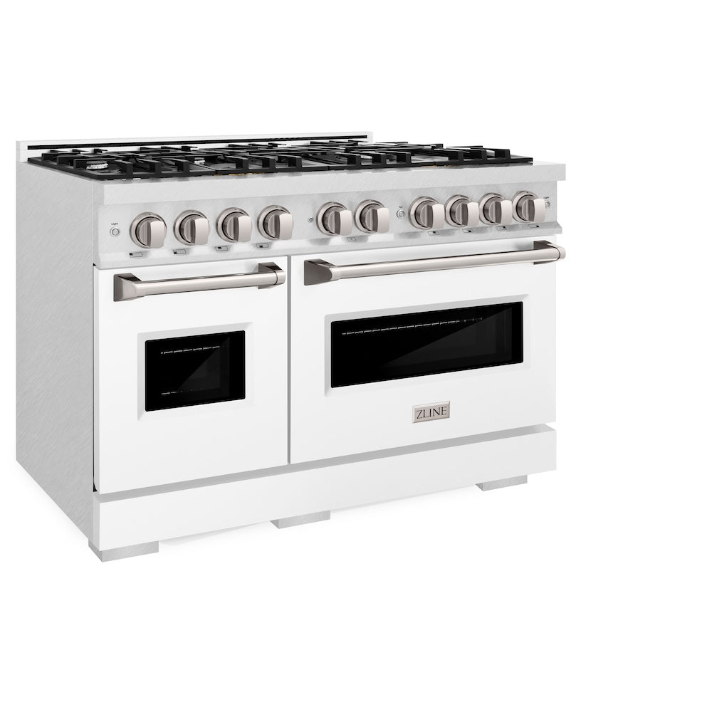 ZLINE 48 in. 6.7 cu. ft. Classic Double Oven Gas Range with 8 Burner Cooktop in Satin Stainless Steel with White Matte Doors (CGRS-WM-48) side, oven closed.