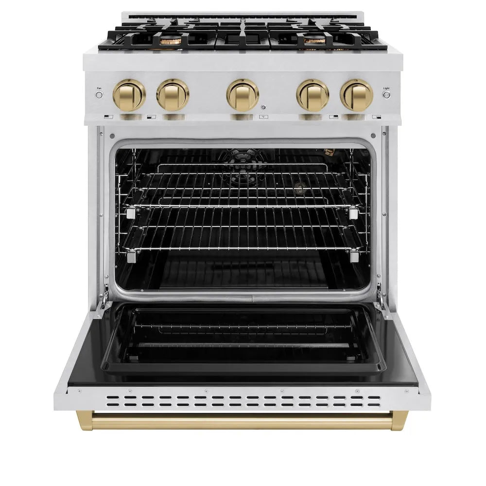 ZLINE Autograph Edition 30 in. 4.2 cu. ft. Classic Gas Range with 4 Burner Cooktop and Convection Gas Oven in Satin Stainless Steel and Champagne Bronze Accents (CGRSZ-30-CB) front, oven open.