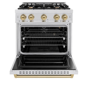 ZLINE Autograph Edition 30 in. 4.2 cu. ft. Classic Gas Range with 4 Burner Cooktop and Convection Gas Oven in Satin Stainless Steel and Champagne Bronze Accents (CGRSZ-30-CB) front, oven open.