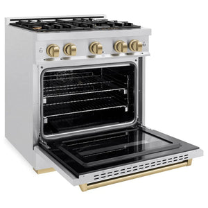 ZLINE Autograph Edition 30 in. 4.2 cu. ft. Classic Gas Range with 4 Burner Cooktop and Convection Gas Oven in Satin Stainless Steel and Champagne Bronze Accents (CGRSZ-30-CB) side, oven open.