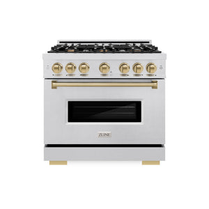 ZLINE Autograph Edition 36 in. 5.2 cu. ft. Classic Gas Range with 6 Burner Cooktop and Convection Gas Oven in Satin Stainless Steel and Champagne Bronze Accents (CGRSZ-36-CB) front.