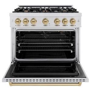 ZLINE Autograph Edition 36 in. 5.2 cu. ft. Classic Gas Range with 6 Burner Cooktop and Convection Gas Oven in Satin Stainless Steel and Champagne Bronze Accents (CGRSZ-36-CB) front, oven open.