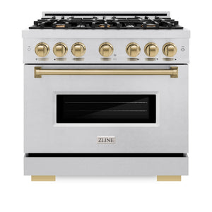 ZLINE Autograph Edition 36 in. 5.2 cu. ft. Classic Gas Range with 6 Burner Cooktop and Convection Gas Oven in Satin Stainless Steel and Champagne Bronze Accents (CGRSZ-36-CB) front, oven closed.