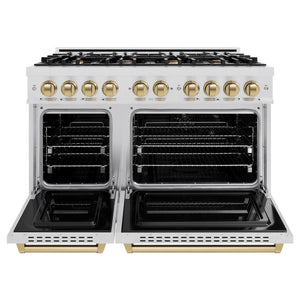ZLINE Autograph Edition 48 in. 6.7 cu. ft. Classic Double Oven Gas Range with 8 Burner Cooktop in Satin Stainless Steel and Champagne Bronze Accents (CGRSZ-48-CB) front, oven open.