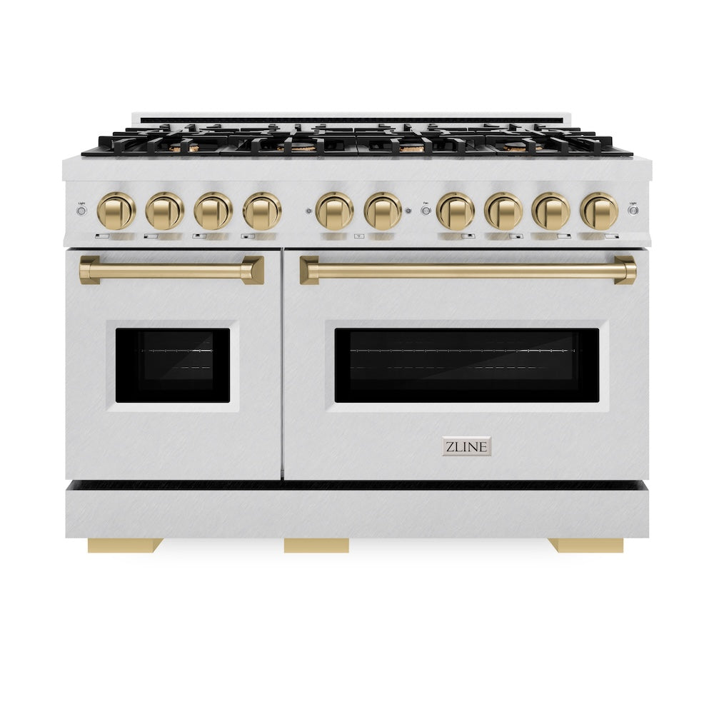 ZLINE Autograph Edition 48 in. 6.7 cu. ft. Classic Double Oven Gas Range with 8 Burner Cooktop in Satin Stainless Steel and Champagne Bronze Accents (CGRSZ-48-CB) front, oven closed.