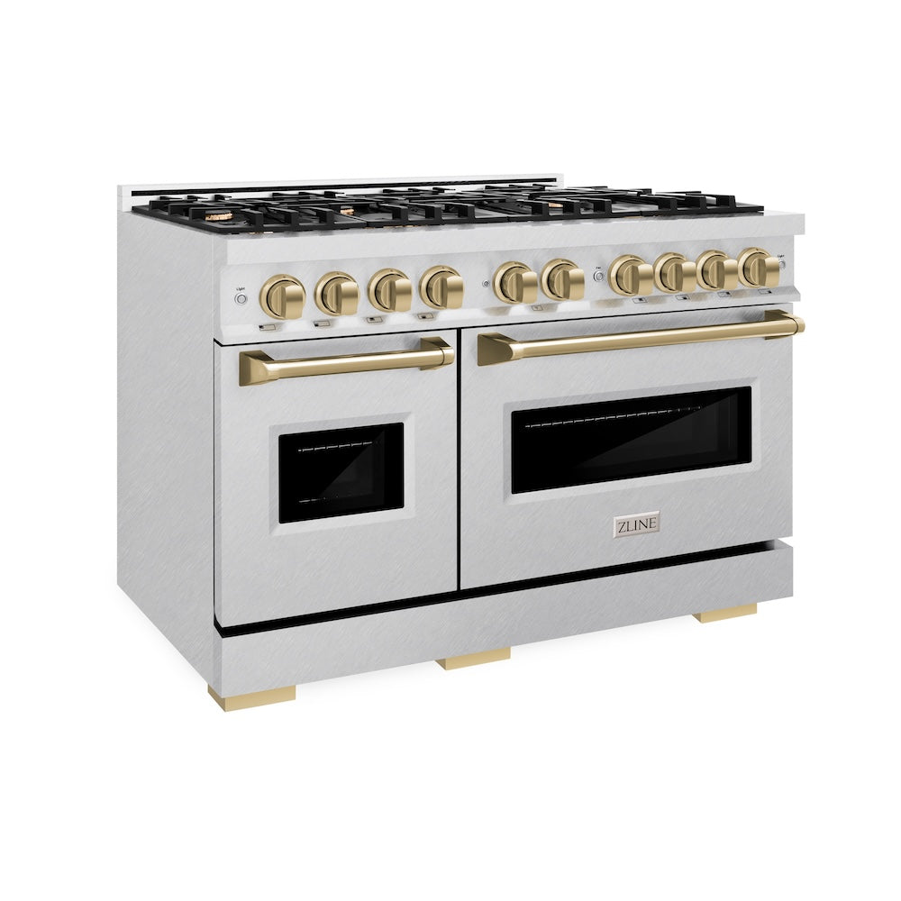 ZLINE Autograph Edition 48 in. 6.7 cu. ft. Classic Double Oven Gas Range with 8 Burner Cooktop in Satin Stainless Steel and Champagne Bronze Accents (CGRSZ-48-CB) side.