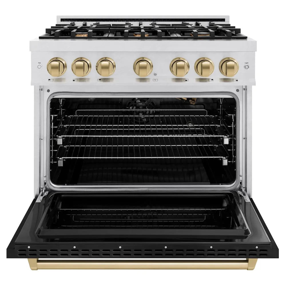 ZLINE Autograph Edition 36 in. 5.2 cu. ft. Classic Gas Range with 6 Burner Cooktop and Convection Gas Oven in Satin Stainless Steel with Black Matte Door and Champagne Bronze Accents (CGRSZ-BLM-36-CB) front, oven open.