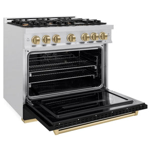 ZLINE Autograph Edition 36 in. 5.2 cu. ft. Classic Gas Range with 6 Burner Cooktop and Convection Gas Oven in Satin Stainless Steel with Black Matte Door and Champagne Bronze Accents (CGRSZ-BLM-36-CB) side, oven open.