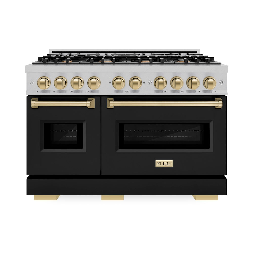 ZLINE Autograph Edition 48 in. 6.7 cu. ft. Classic Double Oven Gas Range with 8 Burner Cooktop in Satin Stainless Steel with Black Matte Doors and Champagne Bronze Accents (CGRSZ-BLM-48-CB) front.