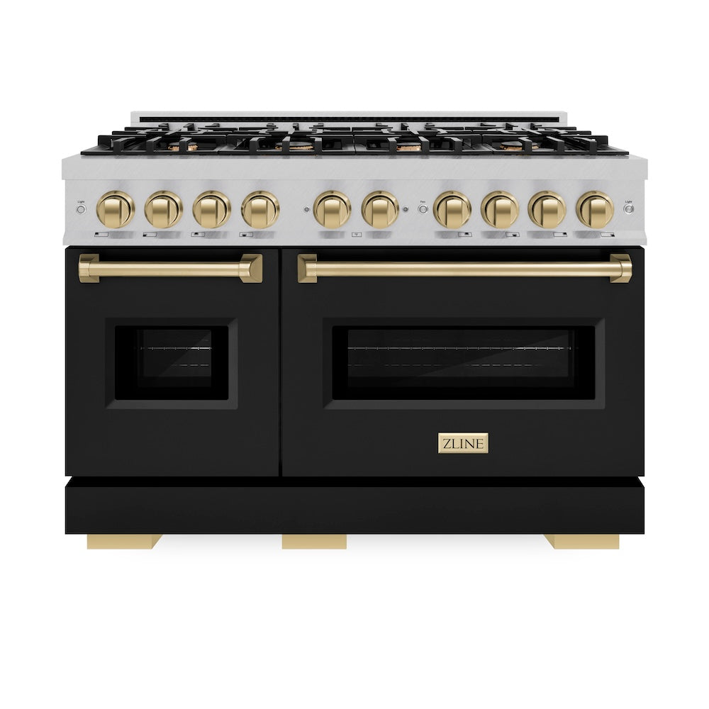 ZLINE Autograph Edition 48 in. 6.7 cu. ft. Classic Double Oven Gas Range with 8 Burner Cooktop in Satin Stainless Steel with Black Matte Doors and Champagne Bronze Accents (CGRSZ-BLM-48-CB) front, oven closed.