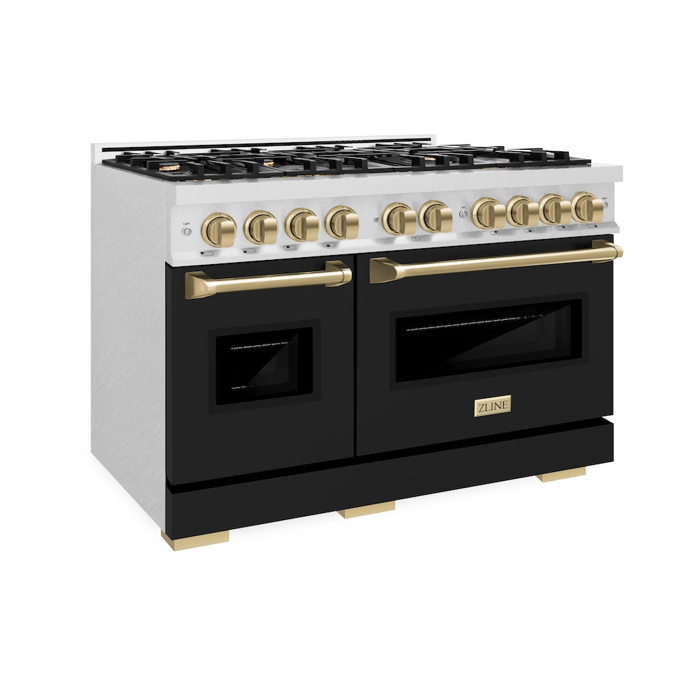 ZLINE Autograph Edition 48 in. 6.7 cu. ft. Classic Double Oven Gas Range with 8 Burner Cooktop in Satin Stainless Steel with Black Matte Doors and Champagne Bronze Accents (CGRSZ-BLM-48-CB) side.