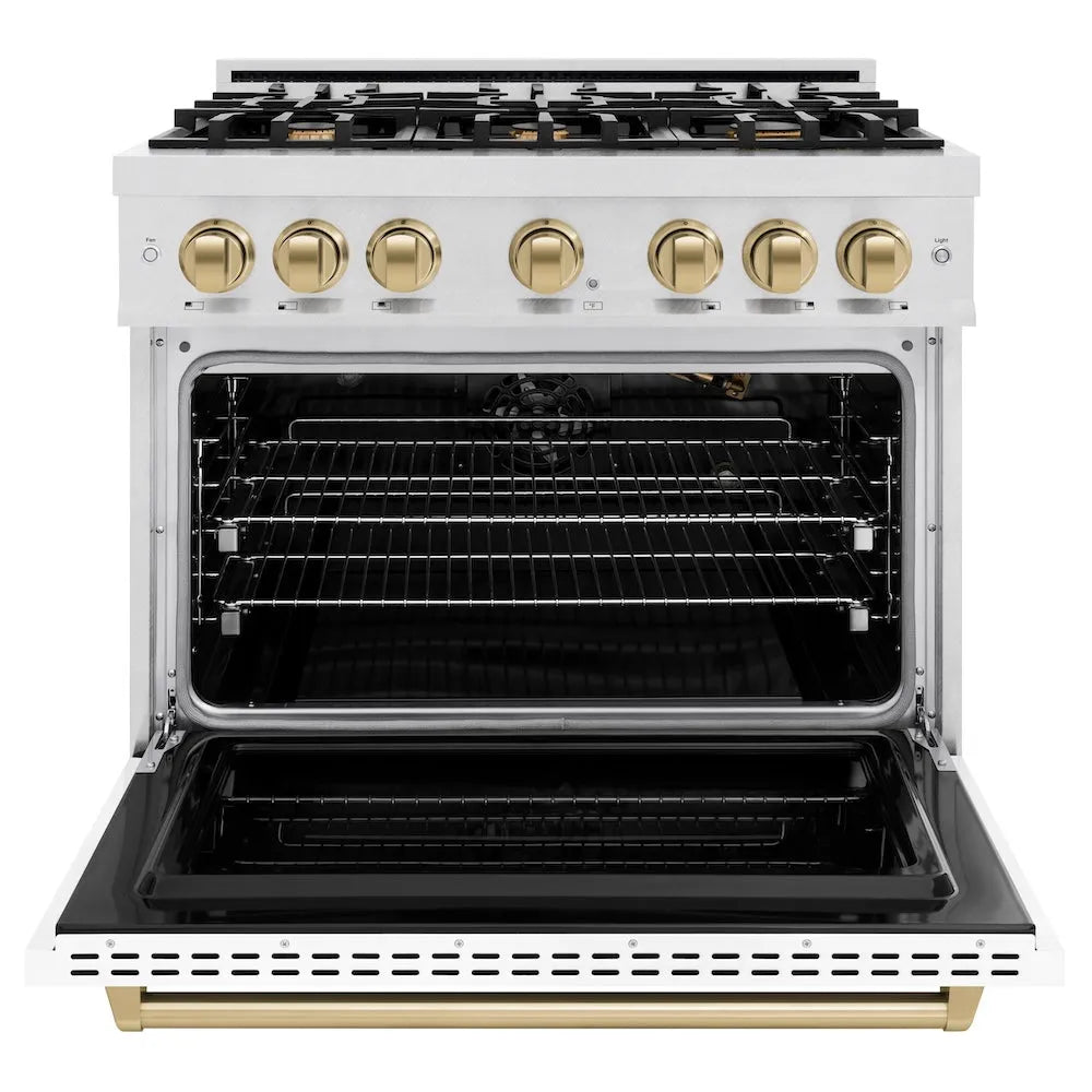 ZLINE Autograph Edition 36 in. 5.2 cu. ft. Classic Gas Range with 6 Burner Cooktop and Convection Gas Oven in Satin Stainless Steel with White Matte Door and Champagne Bronze Accents (CGRSZ-WM-36-CB) front, oven open.