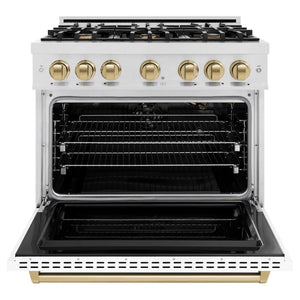 ZLINE Autograph Edition 36 in. 5.2 cu. ft. Classic Gas Range with 6 Burner Cooktop and Convection Gas Oven in Satin Stainless Steel with White Matte Door and Champagne Bronze Accents (CGRSZ-WM-36-CB) front, oven open.