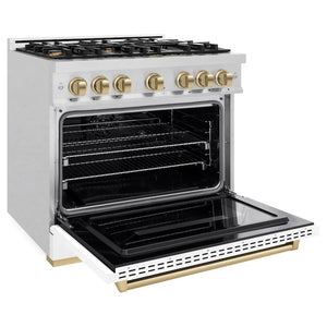 ZLINE Autograph Edition 36 in. 5.2 cu. ft. Classic Gas Range with 6 Burner Cooktop and Convection Gas Oven in Satin Stainless Steel with White Matte Door and Champagne Bronze Accents (CGRSZ-WM-36-CB) side, oven open.