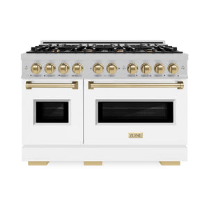 ZLINE Autograph Edition 48 in. 6.7 cu. ft. Classic Double Oven Gas Range with 8 Burner Cooktop in Satin Stainless Steel with White Matte Doors and Champagne Bronze Accents (CGRSZ-WM-48-CB) front.