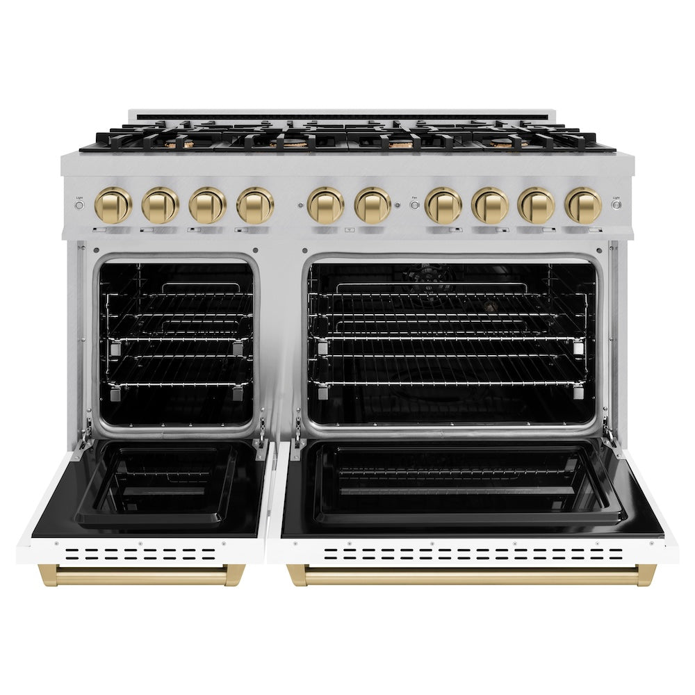 ZLINE Autograph Edition 48 in. 6.7 cu. ft. Classic Double Oven Gas Range with 8 Burner Cooktop in Satin Stainless Steel with White Matte Doors and Champagne Bronze Accents (CGRSZ-WM-48-CB) front, oven open.