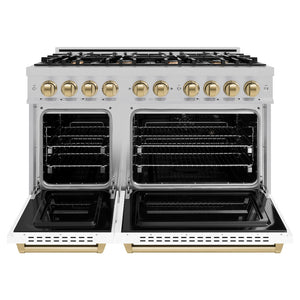 ZLINE Autograph Edition 48 in. 6.7 cu. ft. Classic Double Oven Gas Range with 8 Burner Cooktop in Satin Stainless Steel with White Matte Doors and Champagne Bronze Accents (CGRSZ-WM-48-CB) front, oven open.