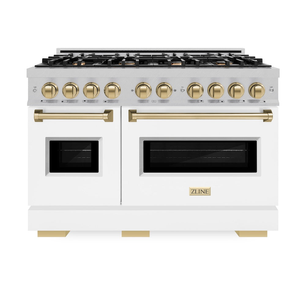 ZLINE Autograph Edition 48 in. 6.7 cu. ft. Classic Double Oven Gas Range with 8 Burner Cooktop in Satin Stainless Steel with White Matte Doors and Champagne Bronze Accents (CGRSZ-WM-48-CB) front, oven closed.