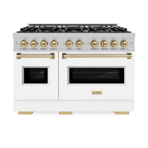 ZLINE Autograph Edition 48 in. 6.7 cu. ft. Classic Double Oven Gas Range with 8 Burner Cooktop in Satin Stainless Steel with White Matte Doors and Champagne Bronze Accents (CGRSZ-WM-48-CB) front, oven closed.