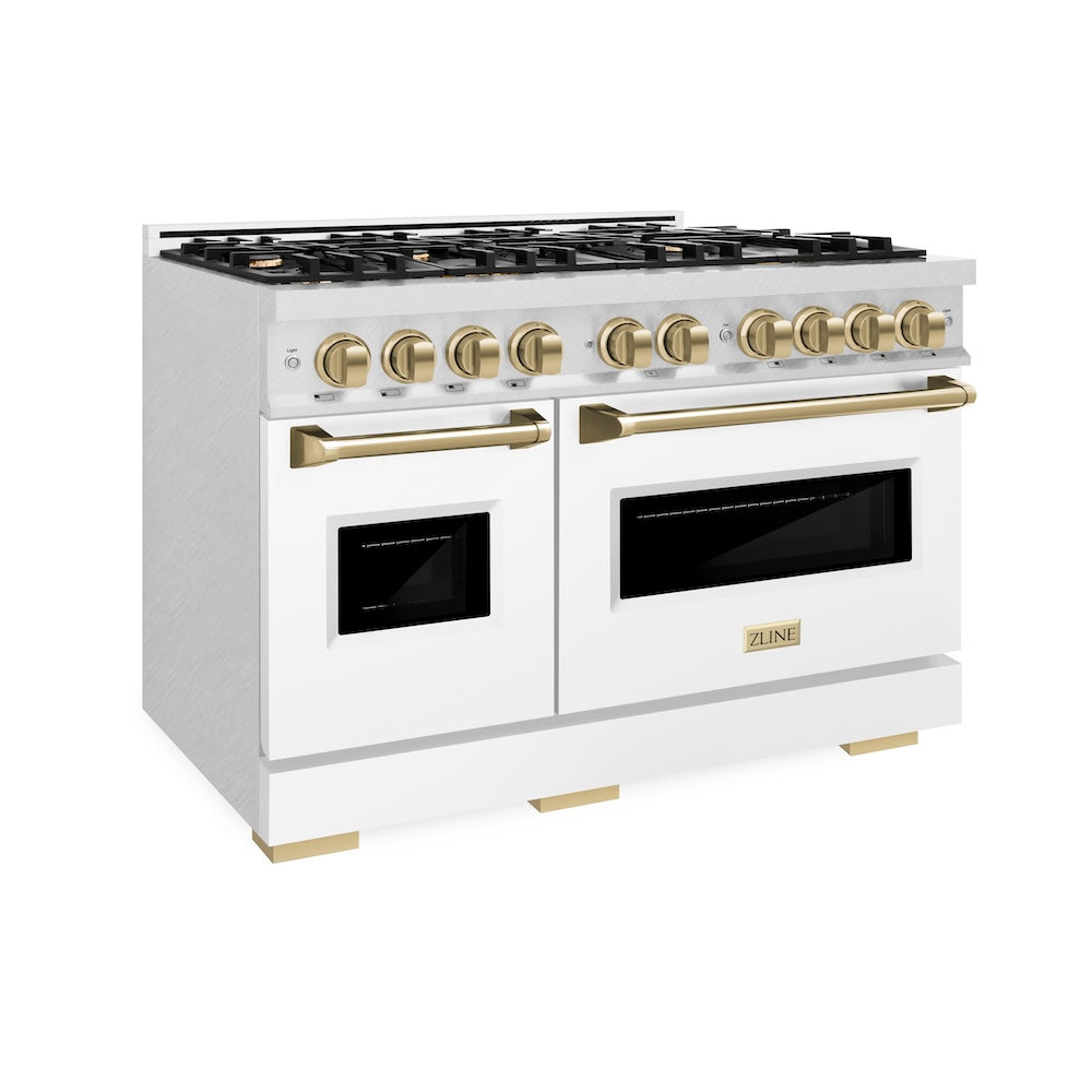 ZLINE Autograph Edition 48 in. 6.7 cu. ft. Classic Double Oven Gas Range with 8 Burner Cooktop in Satin Stainless Steel with White Matte Doors and Champagne Bronze Accents (CGRSZ-WM-48-CB) side.