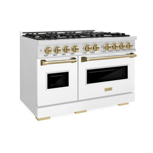 ZLINE Autograph Edition 48 in. 6.7 cu. ft. Classic Double Oven Gas Range with 8 Burner Cooktop in Satin Stainless Steel with White Matte Doors and Champagne Bronze Accents (CGRSZ-WM-48-CB) main image.