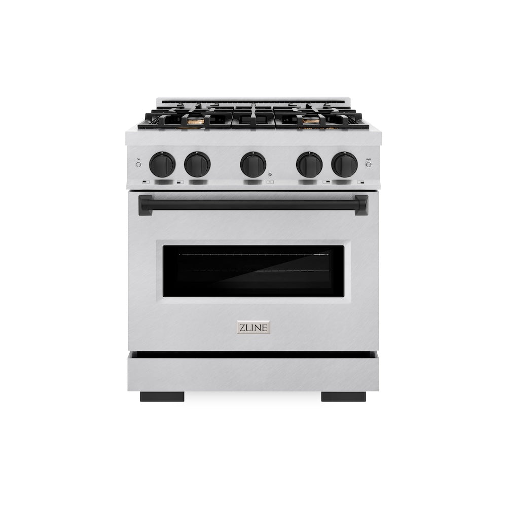 ZLINE Autograph Edition 30 in. 4.2 cu. ft. Classic Gas Range with 4 Burner Cooktop and Convection Gas Oven in Satin Stainless Steel and Matte Black Accents (CGRSZ-30-MB) front.