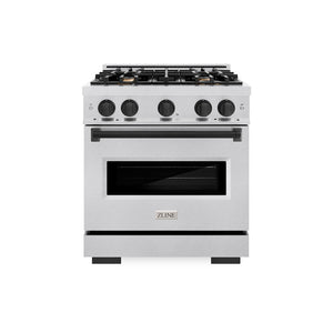 ZLINE Autograph Edition 30 in. 4.2 cu. ft. Classic Gas Range with 4 Burner Cooktop and Convection Gas Oven in Satin Stainless Steel and Matte Black Accents (CGRSZ-30-MB) front.