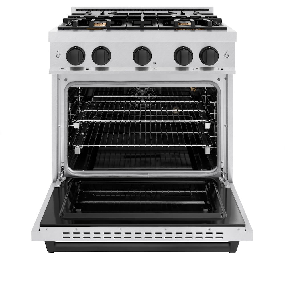 ZLINE Autograph Edition 30 in. 4.2 cu. ft. Classic Gas Range with 4 Burner Cooktop and Convection Gas Oven in Satin Stainless Steel and Matte Black Accents (CGRSZ-30-MB) front, oven open.