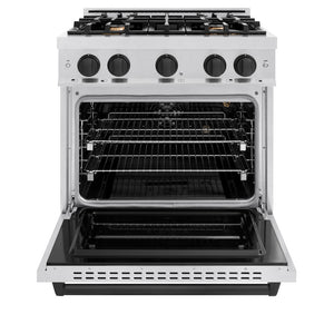 ZLINE Autograph Edition 30 in. 4.2 cu. ft. Classic Gas Range with 4 Burner Cooktop and Convection Gas Oven in Satin Stainless Steel and Matte Black Accents (CGRSZ-30-MB) front, oven open.
