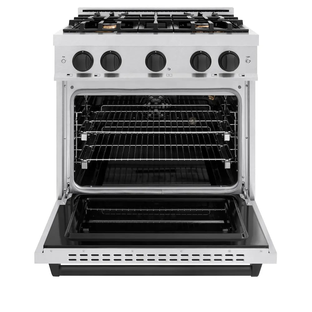ZLINE Autograph Edition 30 in. 4.2 cu. ft. Classic Gas Range with 4 Burner Cooktop and Convection Gas Oven in Satin Stainless Steel and Matte Black Accents (CGRSZ-30-MB) front, oven open.