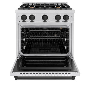 ZLINE Autograph Edition 30 in. 4.2 cu. ft. Classic Gas Range with 4 Burner Cooktop and Convection Gas Oven in Satin Stainless Steel and Matte Black Accents (CGRSZ-30-MB) front, oven open.