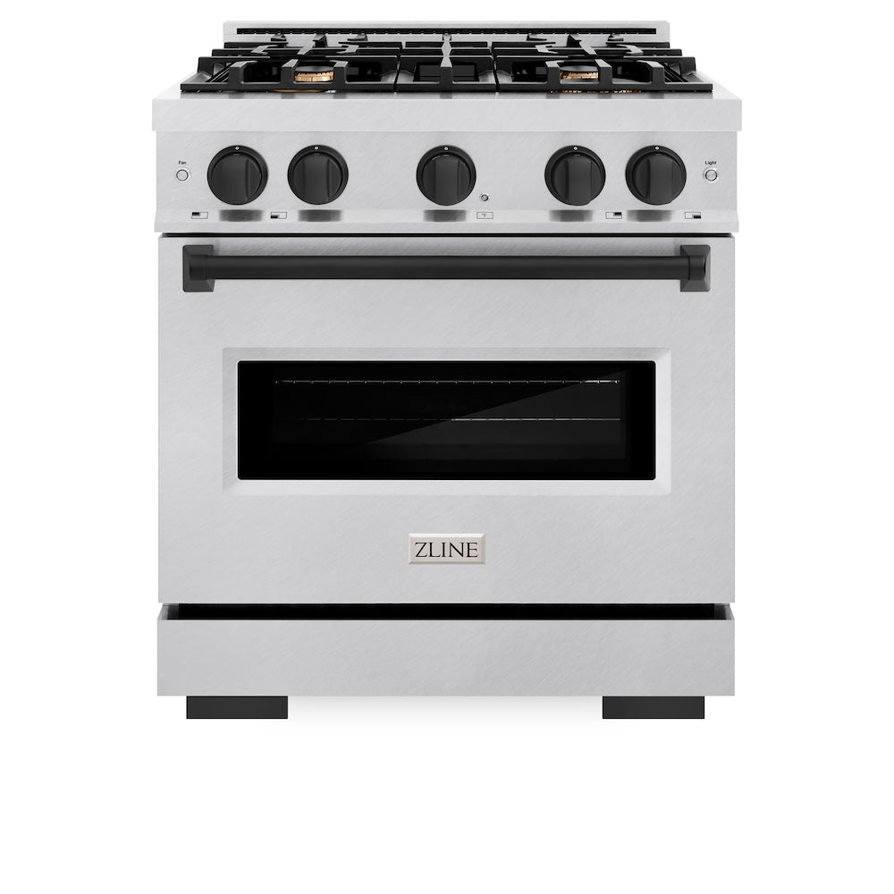 ZLINE Autograph Edition 30 in. 4.2 cu. ft. Classic Gas Range with 4 Burner Cooktop and Convection Gas Oven in Satin Stainless Steel and Matte Black Accents (CGRSZ-30-MB) front, oven closed.