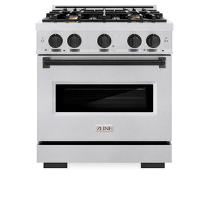 ZLINE Autograph Edition 30 in. 4.2 cu. ft. Classic Gas Range with 4 Burner Cooktop and Convection Gas Oven in Satin Stainless Steel and Matte Black Accents (CGRSZ-30-MB) front, oven closed.