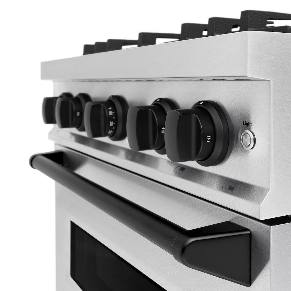 ZLINE Autograph Edition 30 in. 4.2 cu. ft. Classic Gas Range with 4 Burner Cooktop and Convection Gas Oven in Satin Stainless Steel and Matte Black Accents (CGRSZ-30-MB) oven door slightly open showing handle detail.