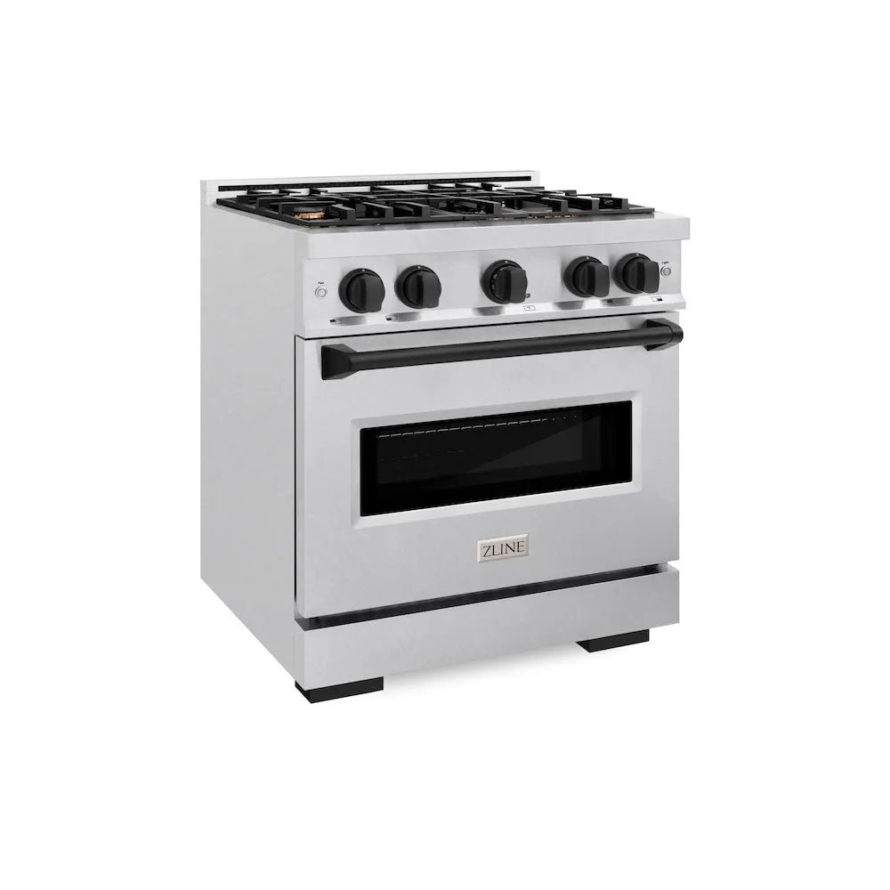 ZLINE Autograph Edition 30 in. 4.2 cu. ft. Classic Gas Range with 4 Burner Cooktop and Convection Gas Oven in Satin Stainless Steel and Matte Black Accents (CGRSZ-30-MB) main image.